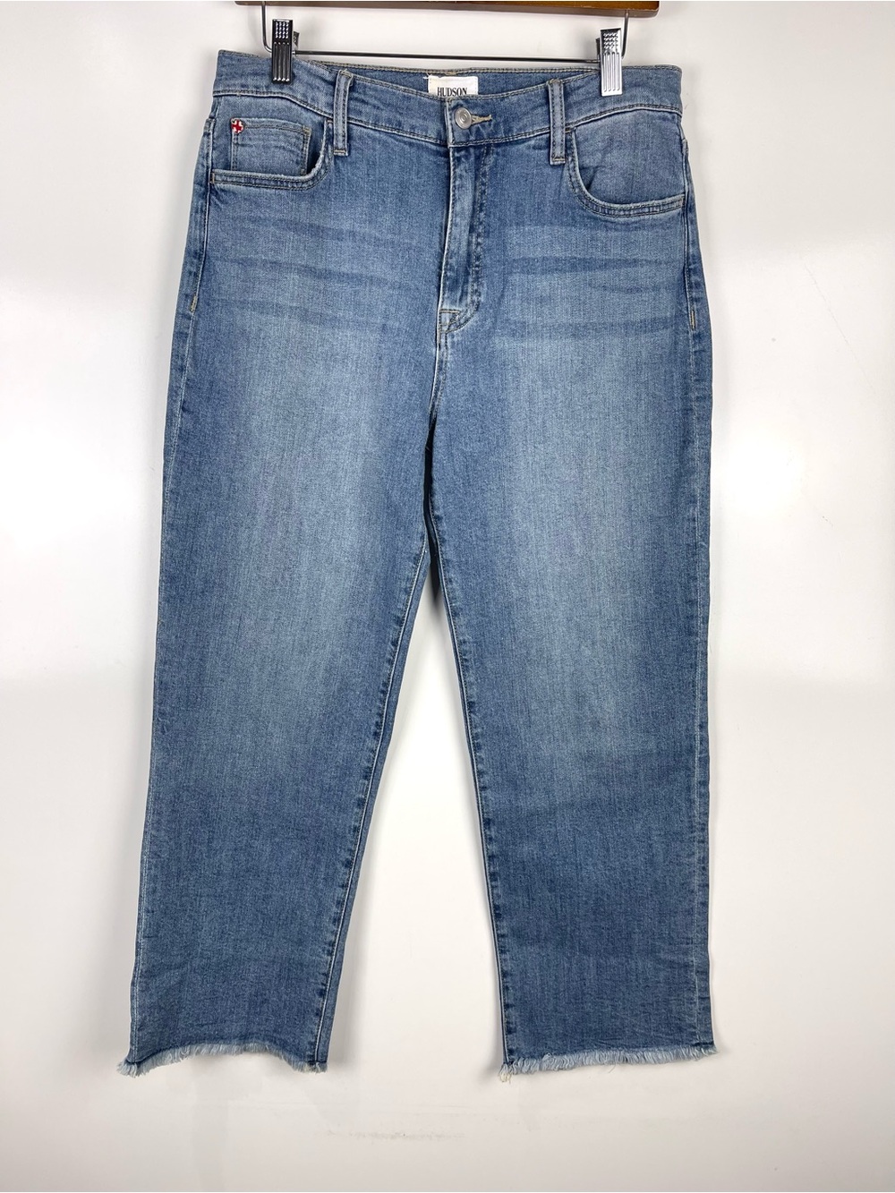 Hudson Noa Aim Cropped Straight Leg Jeans 28 Light Blue Frayed Hem Casual Denim